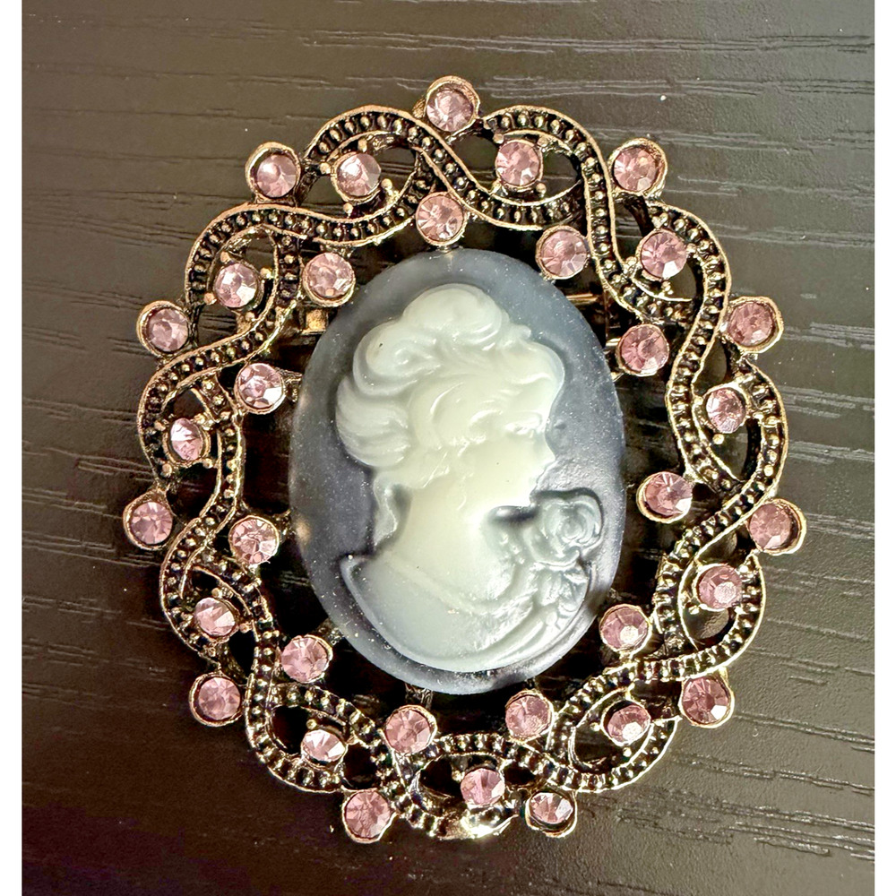 Vintage Cameo Brooch Black Gray Lady Pink Rhinestones Ornate Gold Tone